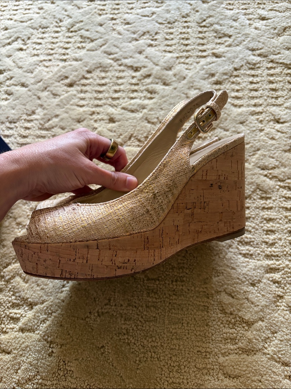 Stuart Weitzman Gold Cork Wedge Slingback Peep-Toe Sandals - Picture 6 of 7